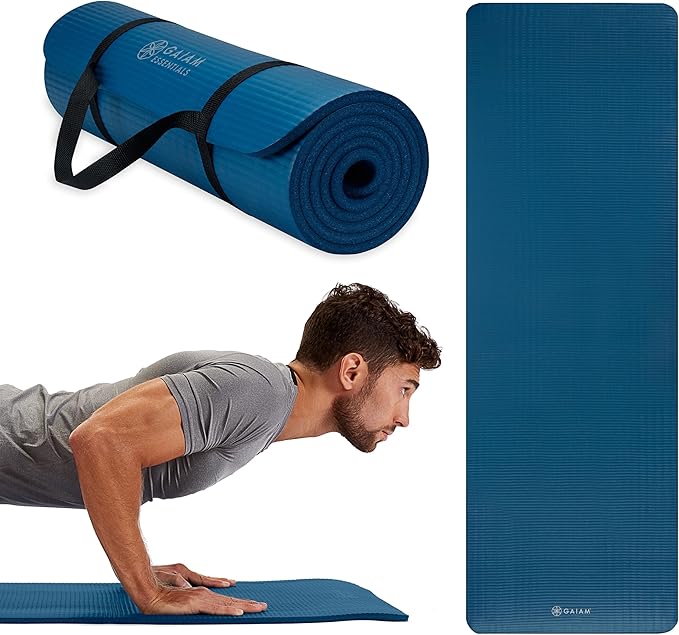 Gaiam Essentials Thick Yoga Mat Fitness & Exercise Mat with Easy-Cinch Yoga Mat Carrier Strap, 72"L x 24"W x 2/5 Inch Thick