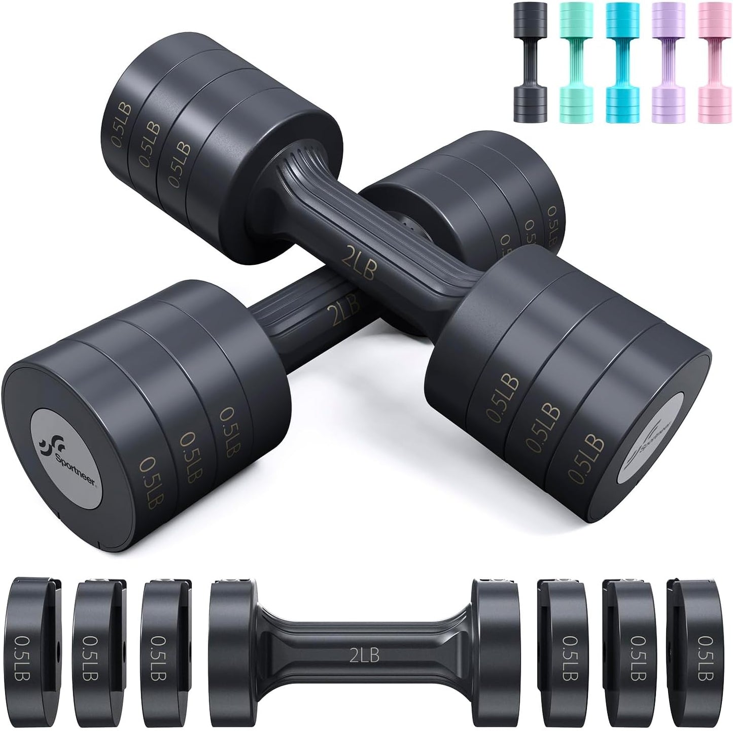 Adjustable Dumbbells Hand Weights Set: Sportneer 5 lb Dumbbell Set of 2 Each 2lb 3lb 4lb 5lb Free Weights Fast Adjust Weight 4 In 1 Weights Dumbbells Set for Women Men Home Gym Exercise Training