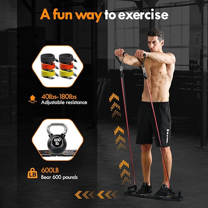 Push Up Board Home Gym Portable Exercise Equipment Pilates Bar and 20 Fitness Accessories with Resistance Bands and Ab Roller Wheel, Full Body Workout at Home