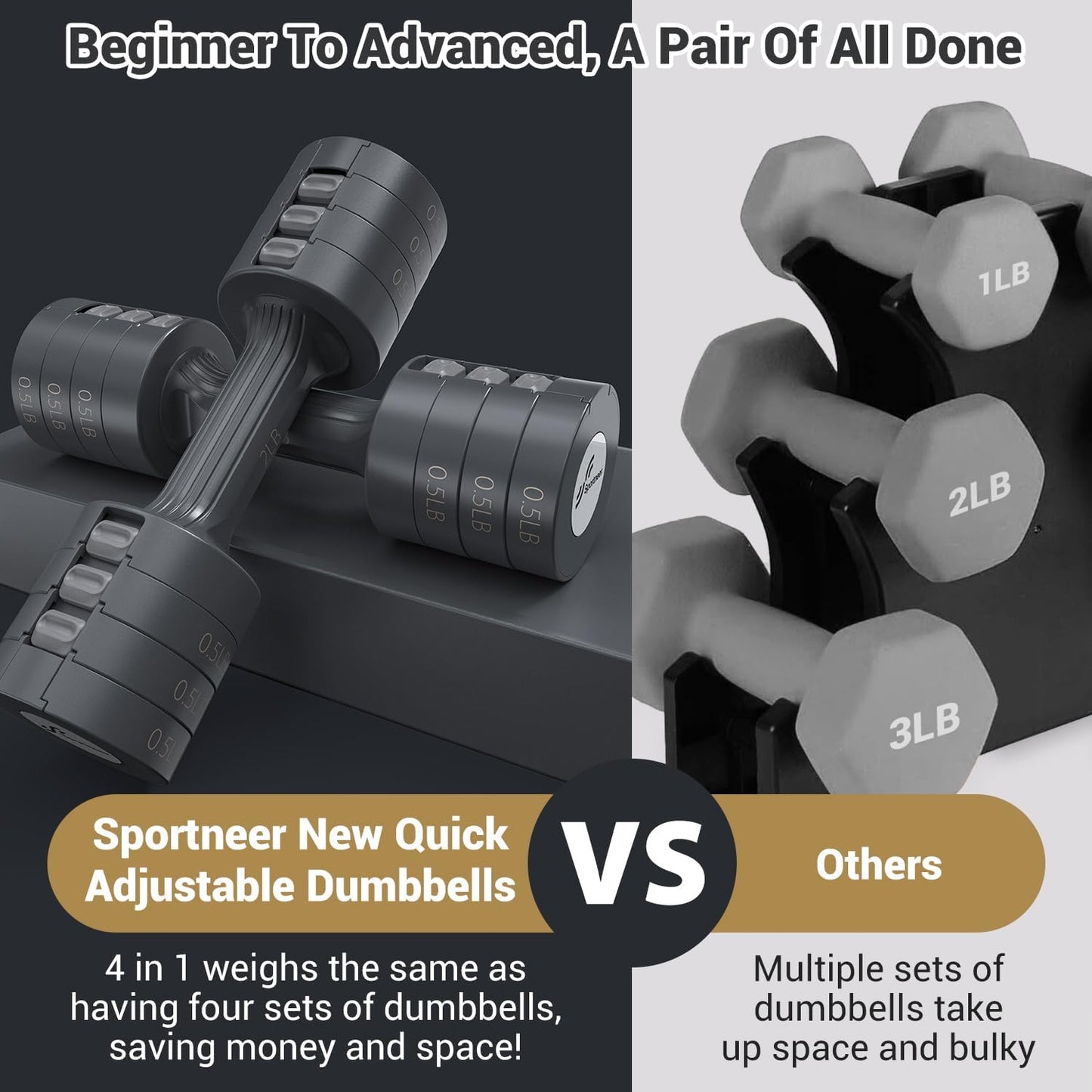 Adjustable Dumbbells Hand Weights Set: Sportneer 5 lb Dumbbell Set of 2 Each 2lb 3lb 4lb 5lb Free Weights Fast Adjust Weight 4 In 1 Weights Dumbbells Set for Women Men Home Gym Exercise Training