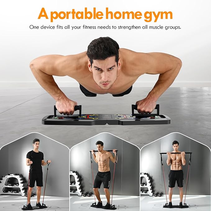 Push Up Board Home Gym Portable Exercise Equipment Pilates Bar and 20 Fitness Accessories with Resistance Bands and Ab Roller Wheel, Full Body Workout at Home