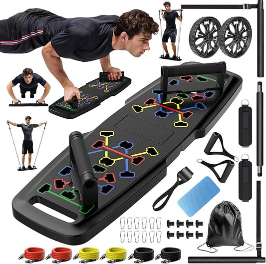 Push Up Board Home Gym Portable Exercise Equipment Pilates Bar and 20 Fitness Accessories with Resistance Bands and Ab Roller Wheel, Full Body Workout at Home